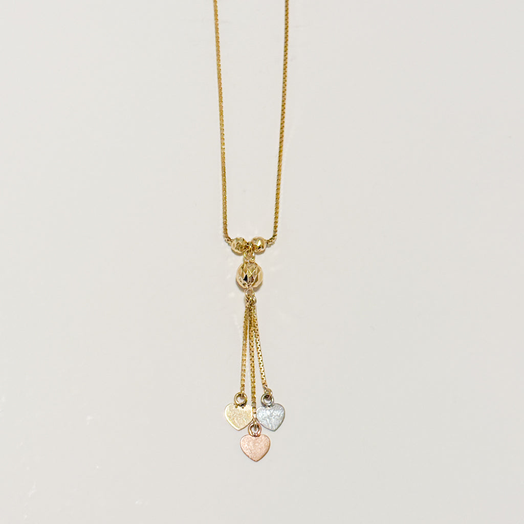 14K Tri-Color Gold Dangling Heart Necklace – One-Piece Non-Detachable Design