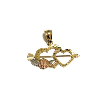 14K Solid Gold Double Heart Pendant with Arrow & Rose Accent