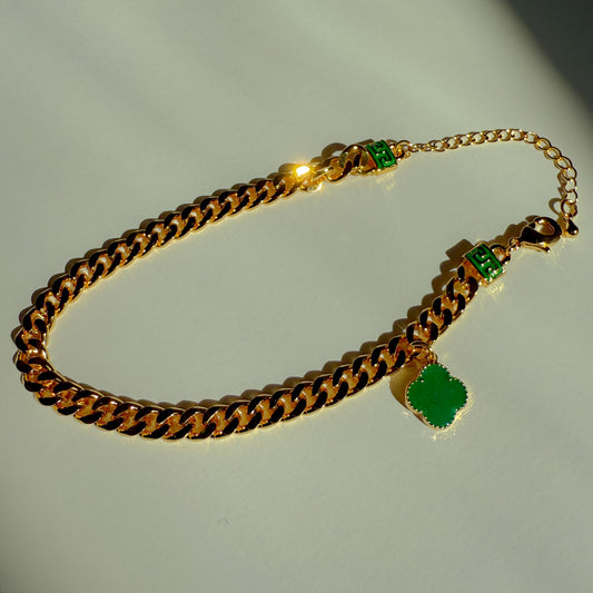 Clover Charm Cuban Link Gold Anklet