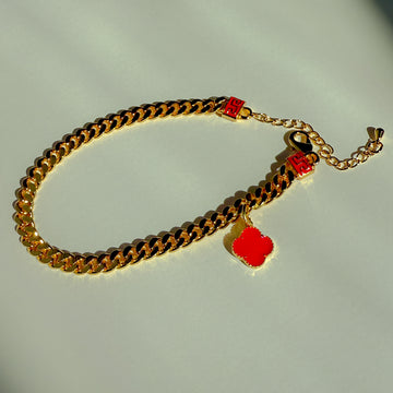 Clover Charm Cuban Link Gold Anklet