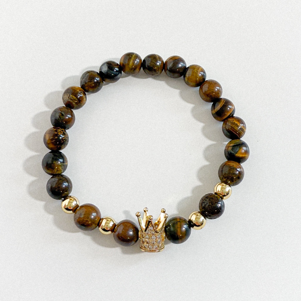 Regal Strength Tiger’s Eye Crown Bracelet – Gold Accents