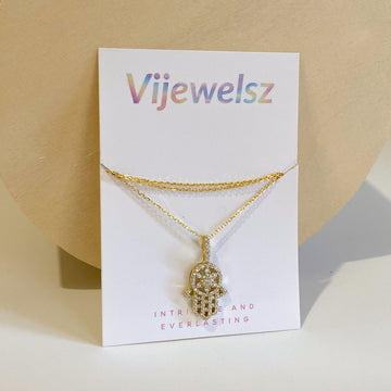 Yellow Gold CZ Diamond Hamsa Pendant Necklace